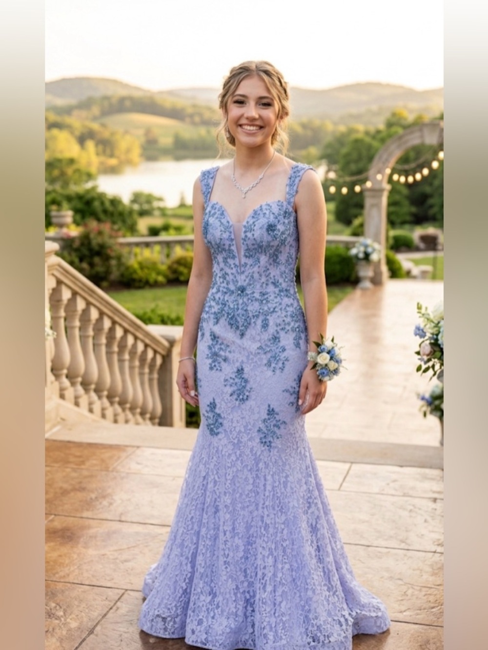 Light Blue Lace Mermaid Prom Dress with Floral Appliqué